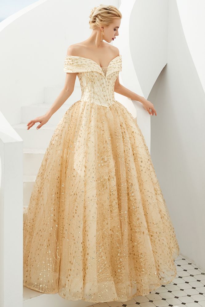 Vestido de fiesta de princesa de lujo con hombros descubiertos de tul y lentejuelas para niñas