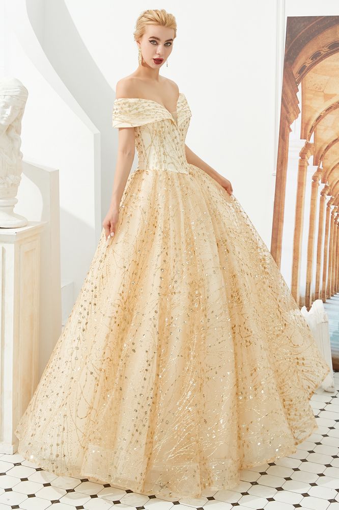 Vestido de fiesta de princesa de lujo con hombros descubiertos de tul y lentejuelas para niñas