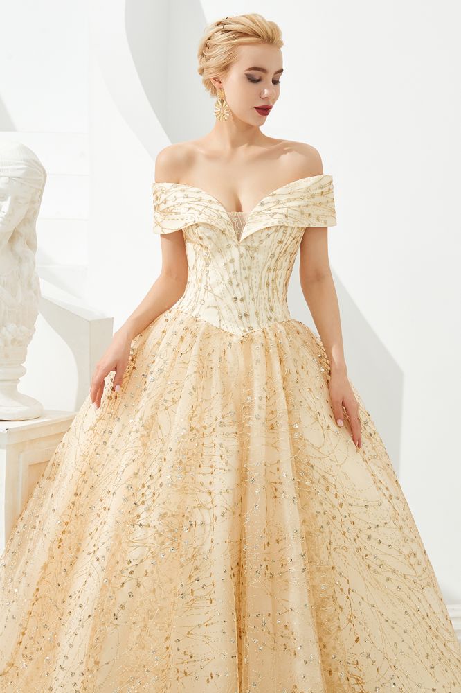 Vestido de fiesta de princesa de lujo con hombros descubiertos de tul y lentejuelas para niñas