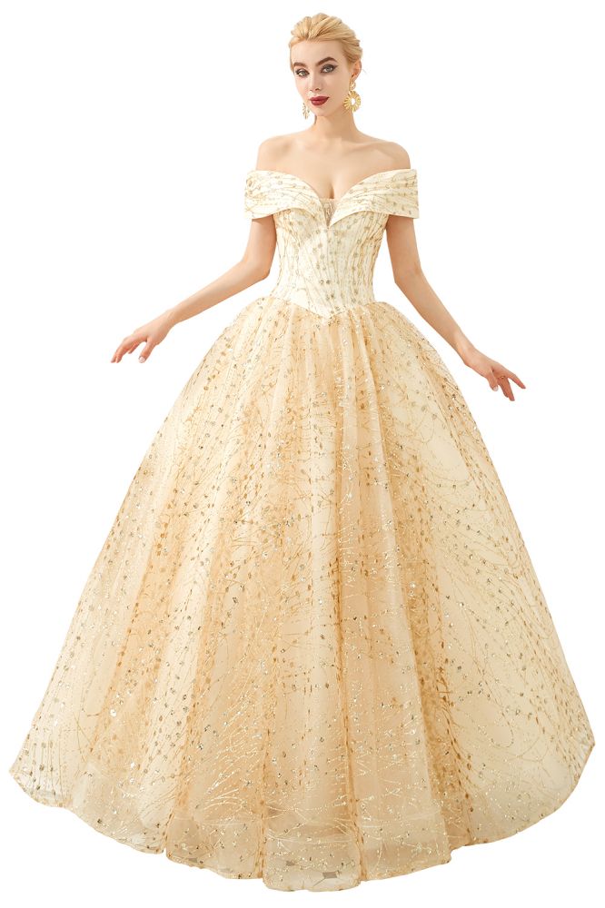 Vestido de fiesta de princesa de lujo con hombros descubiertos de tul y lentejuelas para niñas