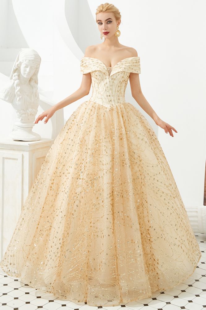 Vestido de fiesta de princesa de lujo con hombros descubiertos de tul y lentejuelas para niñas