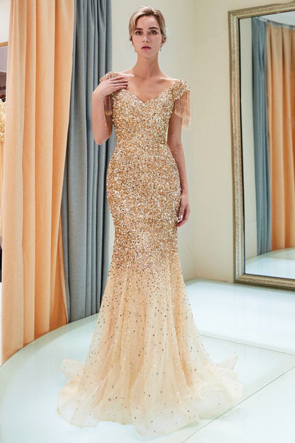 Vestido de noche de lujo con escote en V, hombros descubiertos y lentejuelas hasta el suelo