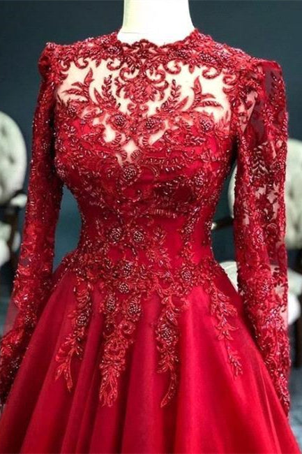 Vestidos de noche rojos de lujo con mangas, vestido de fiesta con encaje