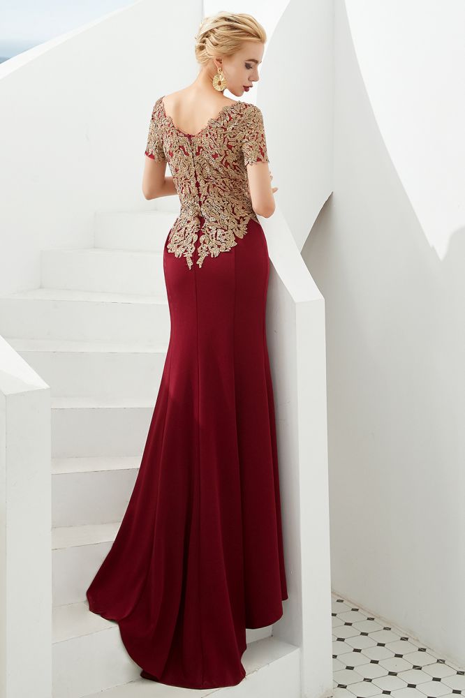 Luxuriöses, kurzärmliges, schlankes Meerjungfrau-Abendkleid mit goldenen Applikationen, bodenlanges Abendkleid