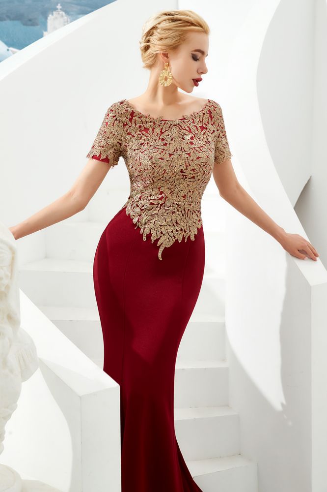 Luxuriöses, kurzärmliges, schlankes Meerjungfrau-Abendkleid mit goldenen Applikationen, bodenlanges Abendkleid