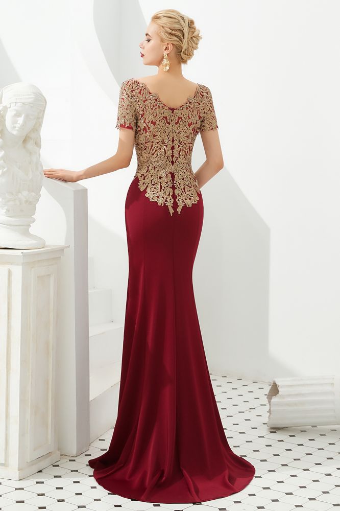Luxuriöses, kurzärmliges, schlankes Meerjungfrau-Abendkleid mit goldenen Applikationen, bodenlanges Abendkleid