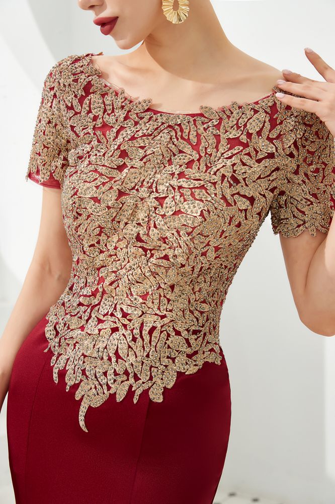 Luxuriöses, kurzärmliges, schlankes Meerjungfrau-Abendkleid mit goldenen Applikationen, bodenlanges Abendkleid