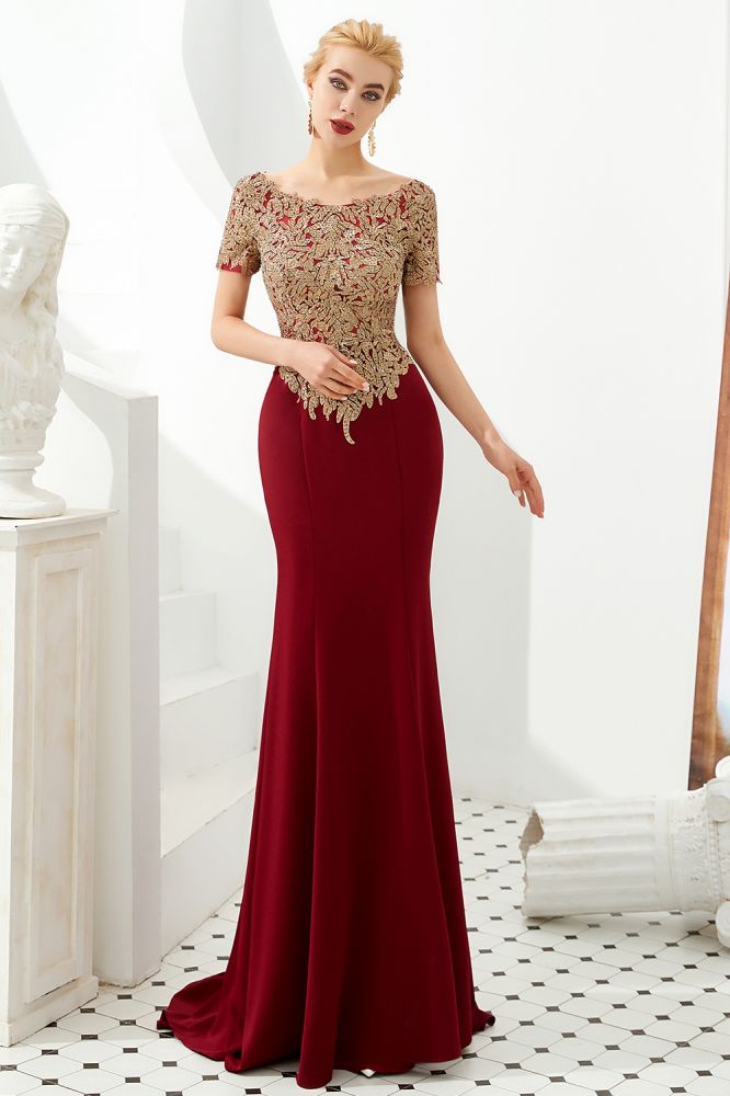 Luxuriöses, kurzärmliges, schlankes Meerjungfrau-Abendkleid mit goldenen Applikationen, bodenlanges Abendkleid