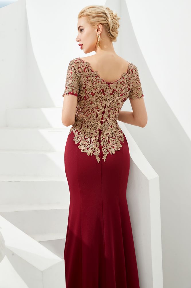 Luxuriöses, kurzärmliges, schlankes Meerjungfrau-Abendkleid mit goldenen Applikationen, bodenlanges Abendkleid