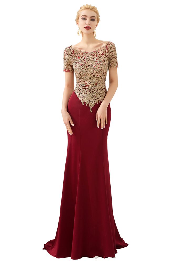 Luxuriöses, kurzärmliges, schlankes Meerjungfrau-Abendkleid mit goldenen Applikationen, bodenlanges Abendkleid