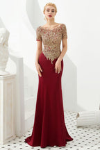 Luxuriöses, kurzärmliges, schlankes Meerjungfrau-Abendkleid mit goldenen Applikationen, bodenlanges Abendkleid