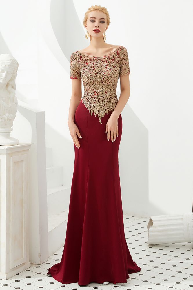 Luxuriöses, kurzärmliges, schlankes Meerjungfrau-Abendkleid mit goldenen Applikationen, bodenlanges Abendkleid