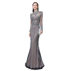 Luxuriöses, langes Ballkleid aus transparentem Tüll mit hohem Halsausschnitt und glitzernder Perlenbesatz
