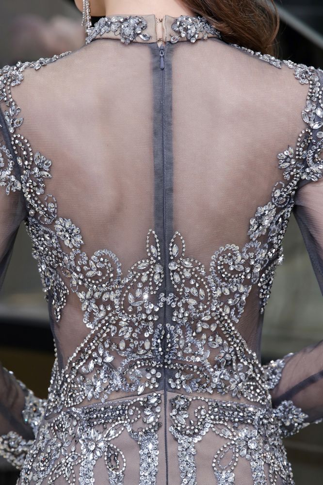 Luxuriöses, langes Ballkleid aus transparentem Tüll mit hohem Halsausschnitt und glitzernder Perlenbesatz
