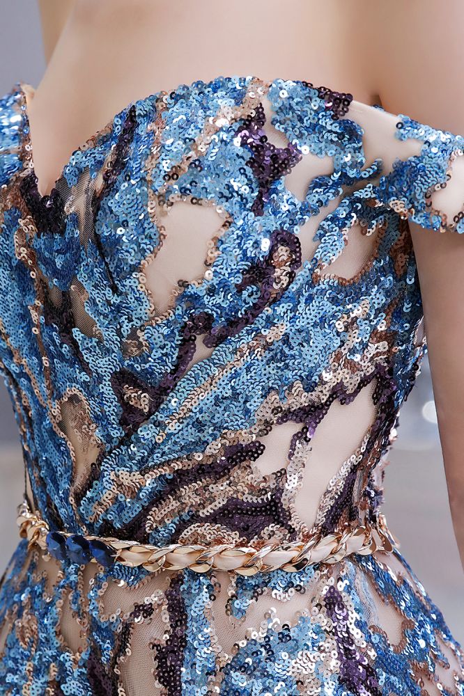 Luxury Sparkly Off-the-Shoulder Sequins Aline Prom Dress Floor Length