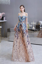 Luxury Sparkly Off-the-Shoulder Sequins Aline Prom Dress Floor Length