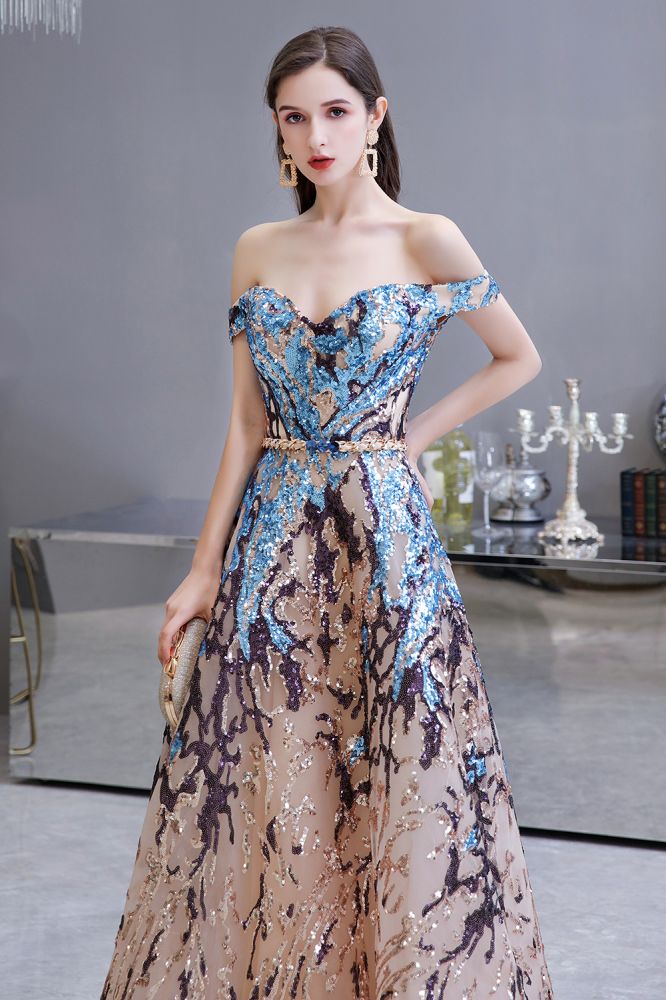 Luxury Sparkly Off-the-Shoulder Sequins Aline Prom Dress Floor Length