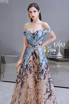 Luxury Sparkly Off-the-Shoulder Sequins Aline Prom Dress Floor Length