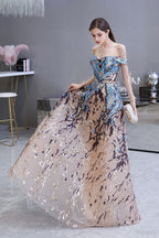 Luxury Sparkly Off-the-Shoulder Sequins Aline Prom Dress Floor Length