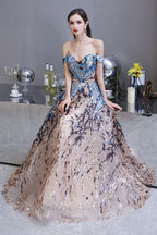 Luxury Sparkly Off-the-Shoulder Sequins Aline Prom Dress Floor Length