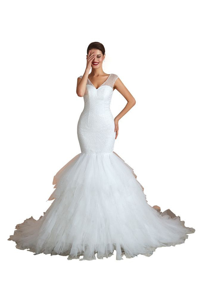 Luxury V-Neck Cap Sleeve Beach Lace up White Bridal Gowns with Sequins