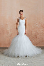 Luxury V-Neck Cap Sleeve Beach Lace up White Bridal Gowns with Sequins