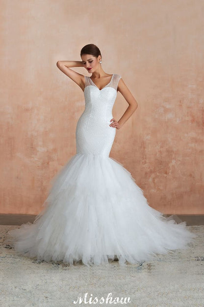Luxury V-Neck Cap Sleeve Beach Lace up White Bridal Gowns with Sequins