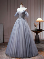 Yamileth | Vestido de fiesta gris de tul con hombros descubiertos y cuentas, vestido formal de tul con corte A, vestido de fiesta