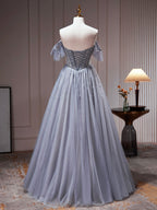 Yamileth | Vestido de fiesta gris de tul con hombros descubiertos y cuentas, vestido formal de tul con corte A, vestido de fiesta