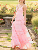 Decebal | Vestido de fiesta largo de gasa rosa con volantes escalonados y corte A