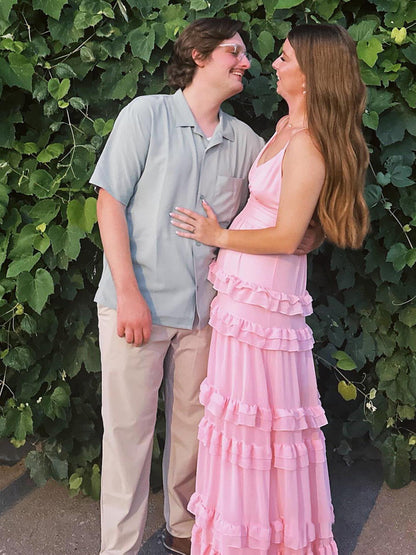 Decebal | A Line Pink Chiffon Tiered Ruffles Long Prom Dress