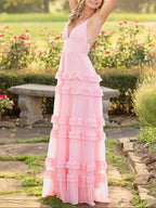 Decebal | Vestido de fiesta largo de gasa rosa con volantes escalonados y corte A