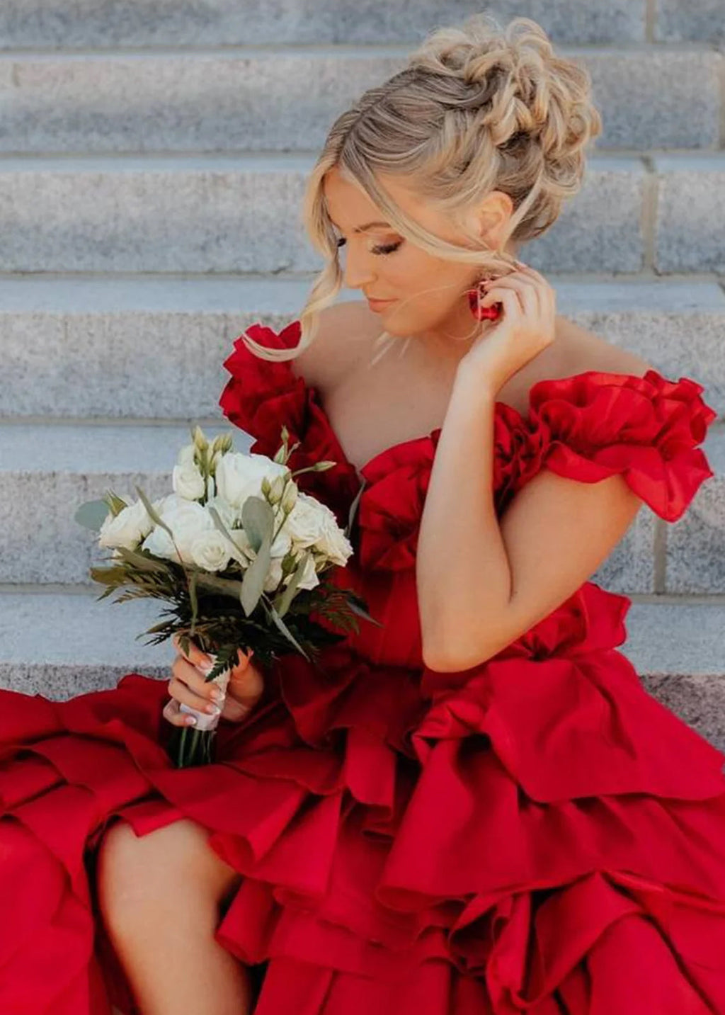 Madelynn | Off-Shoulder Ruched A-Line Layered Satin Prom Dress with Slit