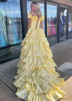 Madelynn | Off-Shoulder Ruched A-Line Layered Satin Prom Dress with Slit