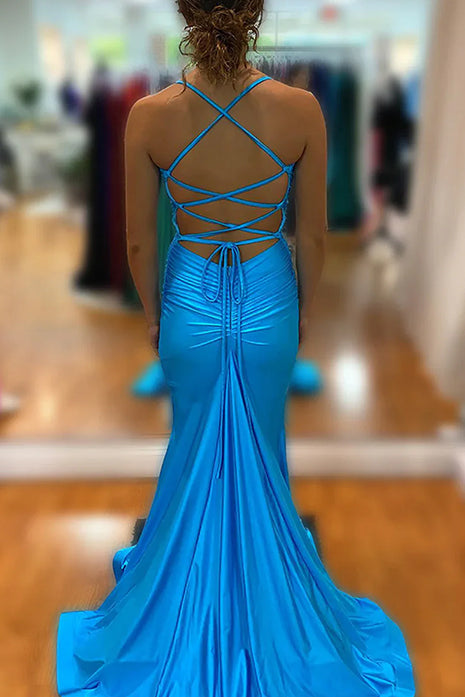 Barrie | Vestido de fiesta largo de satén azul con tirantes finos y corte sirena y espalda cruzada