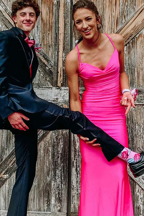 Barrie | Meerjungfrau-Ballkleid aus blauem Satin mit Spaghettiträgern und überkreuztem Rücken