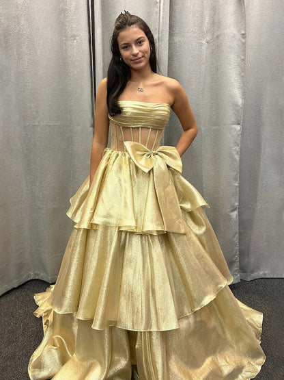 Malvis | Ball Gown Strapless Organza Long Prom Dresses with Bow