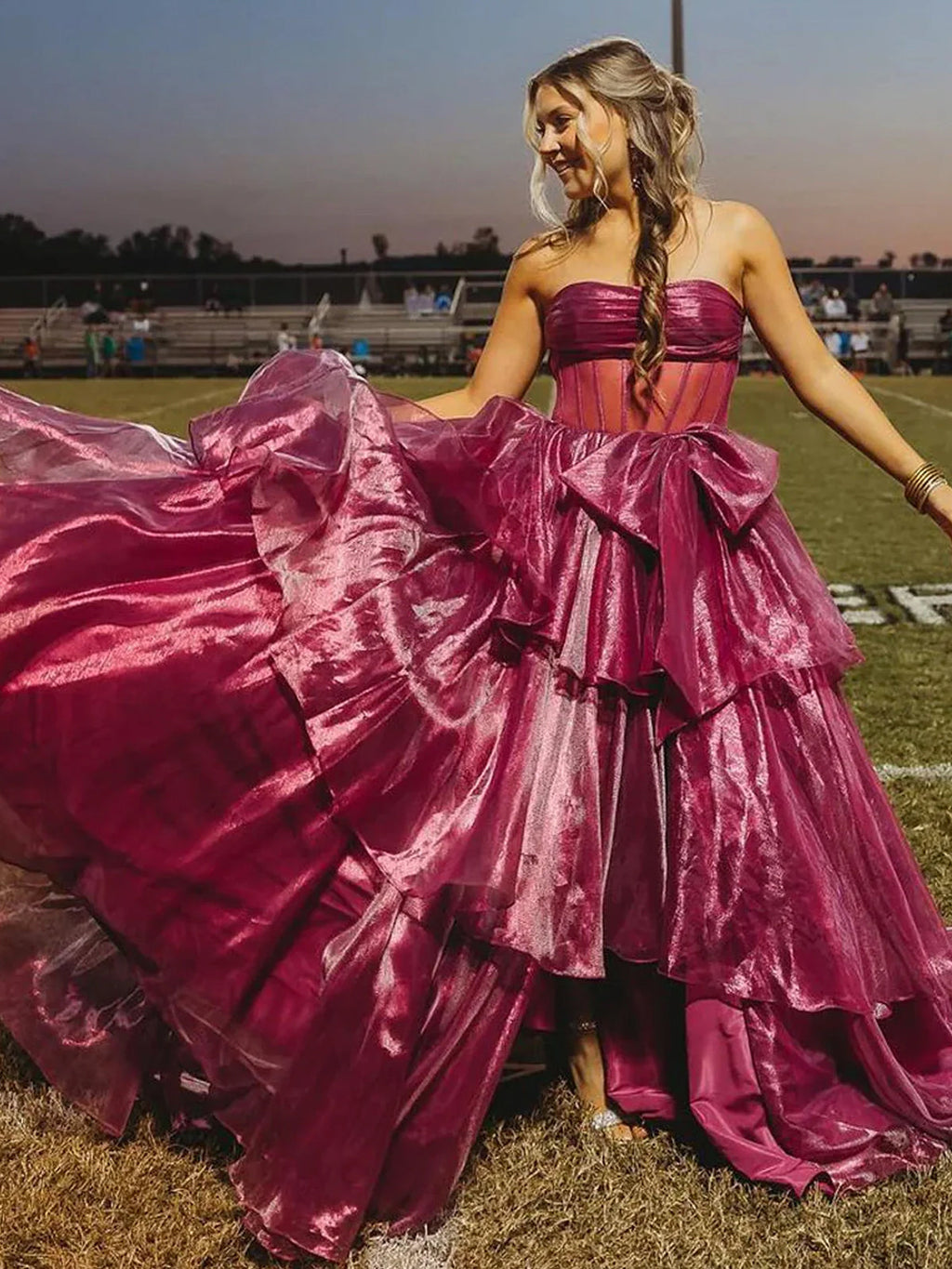 Malvis | Vestidos de fiesta largos de organza sin tirantes y con lazo