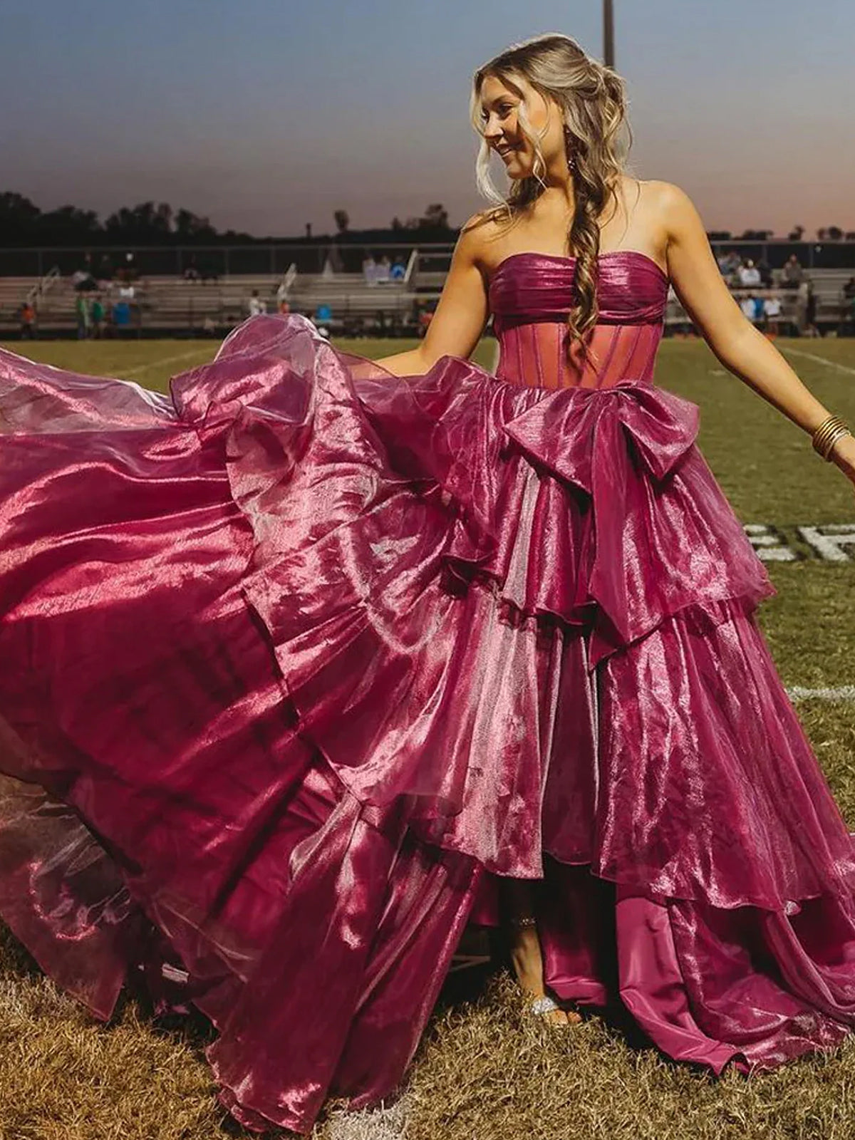 Malvis | Ball Gown Strapless Organza Long Prom Dresses with Bow