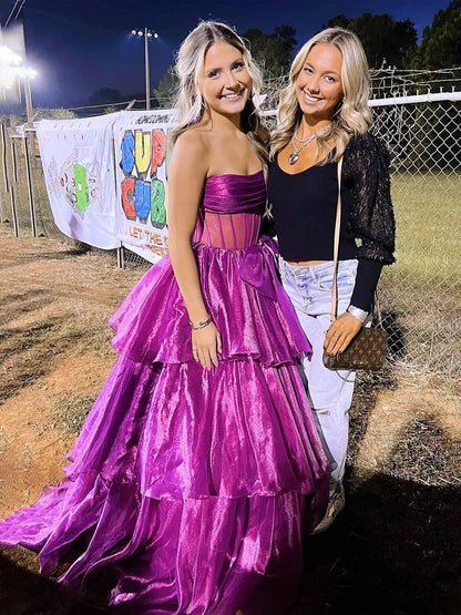 Malvis | Ball Gown Strapless Organza Long Prom Dresses with Bow