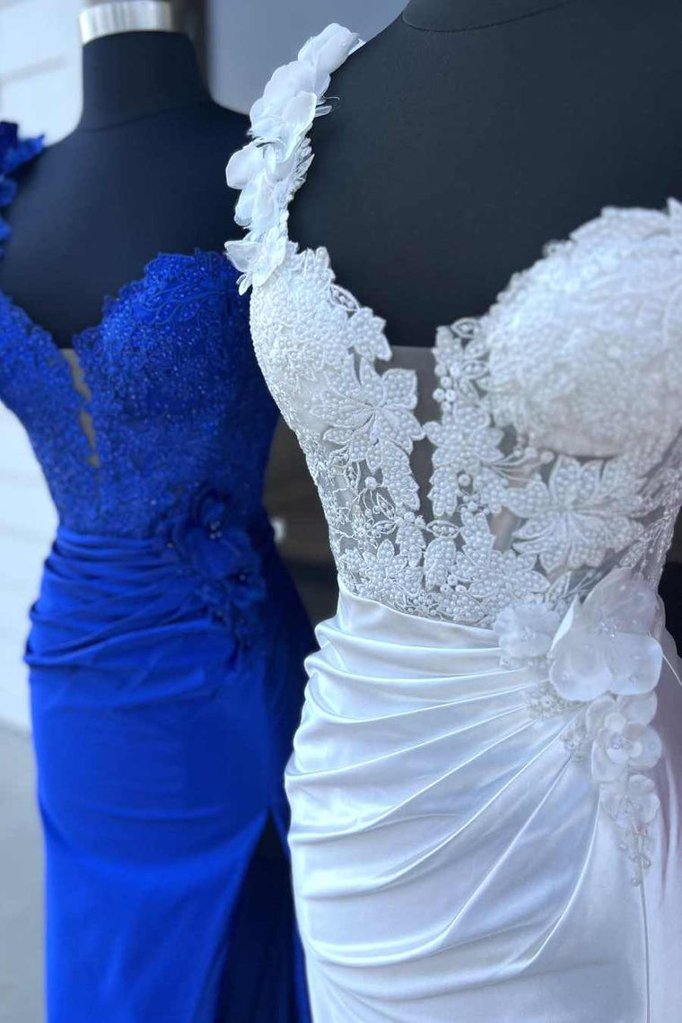 Mandel|Red One-Shoulder 3D Floral Lace Pleated Long Gown with Slit