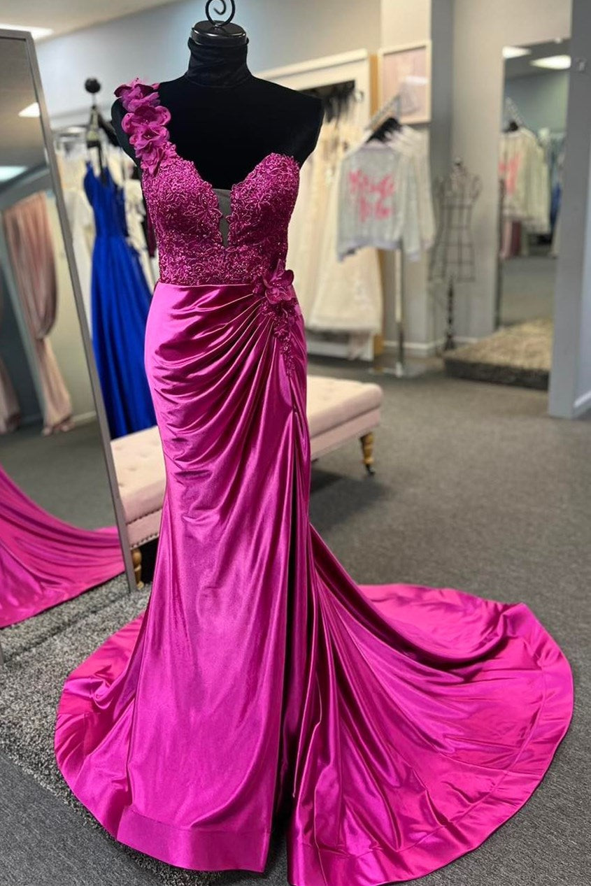 Mandel|Vestido largo plisado con encaje floral 3D de un solo hombro rojo y abertura