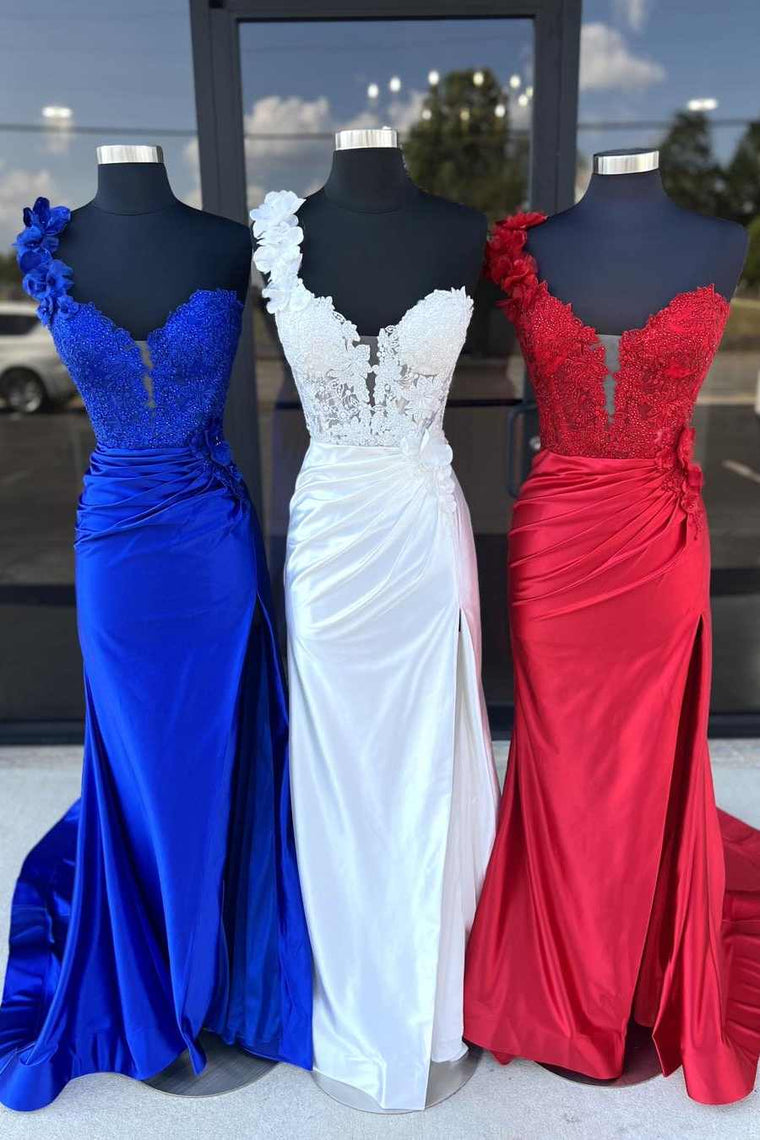 Mandel|Vestido largo plisado con encaje floral 3D de un solo hombro rojo y abertura