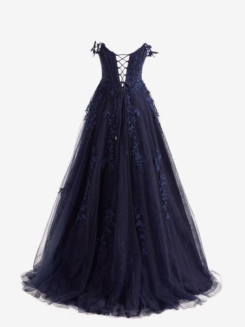 Mariana | Vestido de fiesta de tul con encaje y escote en forma de corazón en azul marino con abertura