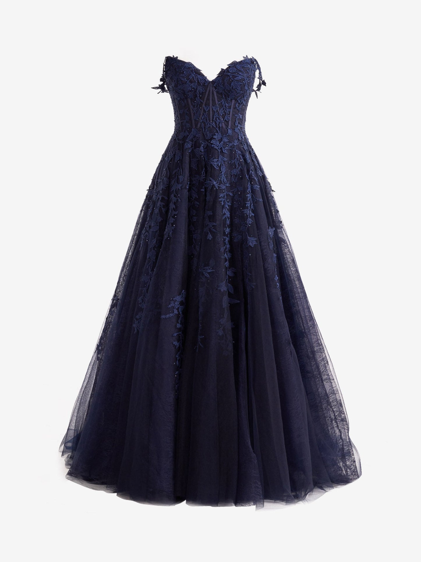 Mariana | Marineblaues A-Linien-Ballkleid aus Spitzentüll mit herzförmigem Ausschnitt und Schlitz