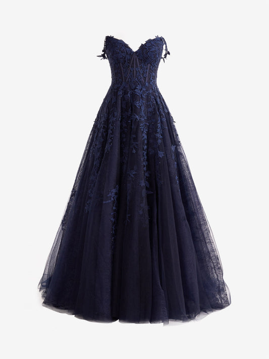 Mariana | Marineblaues A-Linien-Ballkleid aus Spitzentüll mit herzförmigem Ausschnitt und Schlitz
