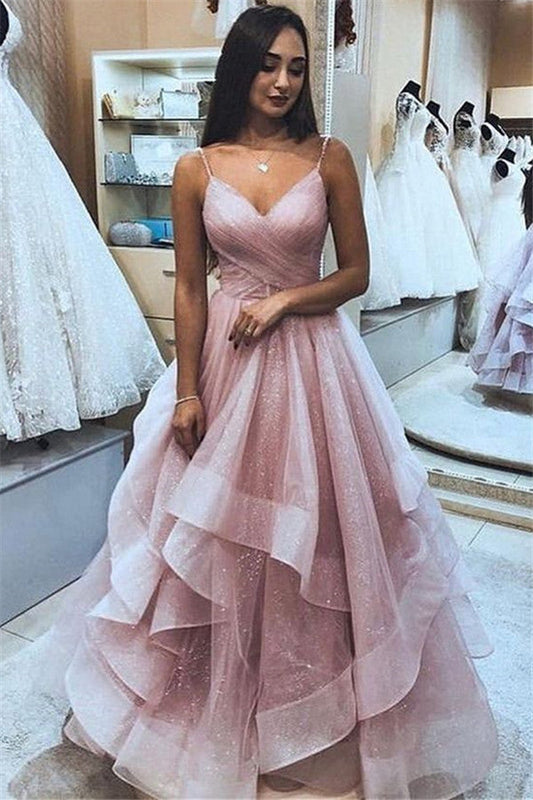 Wunderschönes langes Ballkleid in A-Linie mit V-Ausschnitt, Spaghettiträgern und kaskadierenden Rüschen