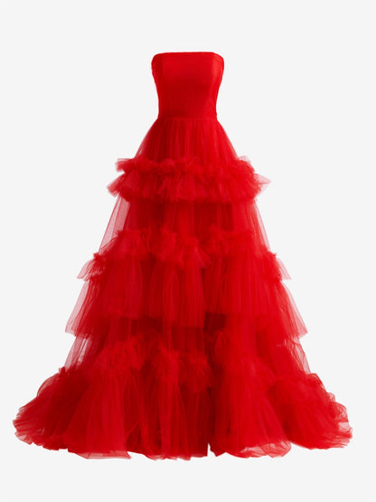 Matilda | A-Linien-Ballkleid aus trägerlosem Tüll mit Rüschen