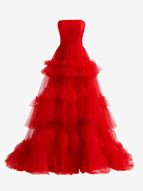 Matilda | Vestido de fiesta de tul con volantes y corte A sin tirantes