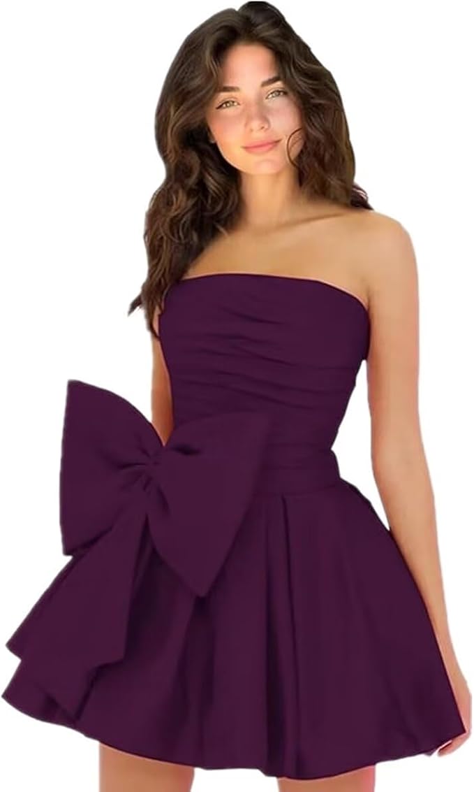 Vestidos de fiesta cortos y elegantes de corte A, sin mangas, sin tirantes, fruncidos, con cordones y lazo